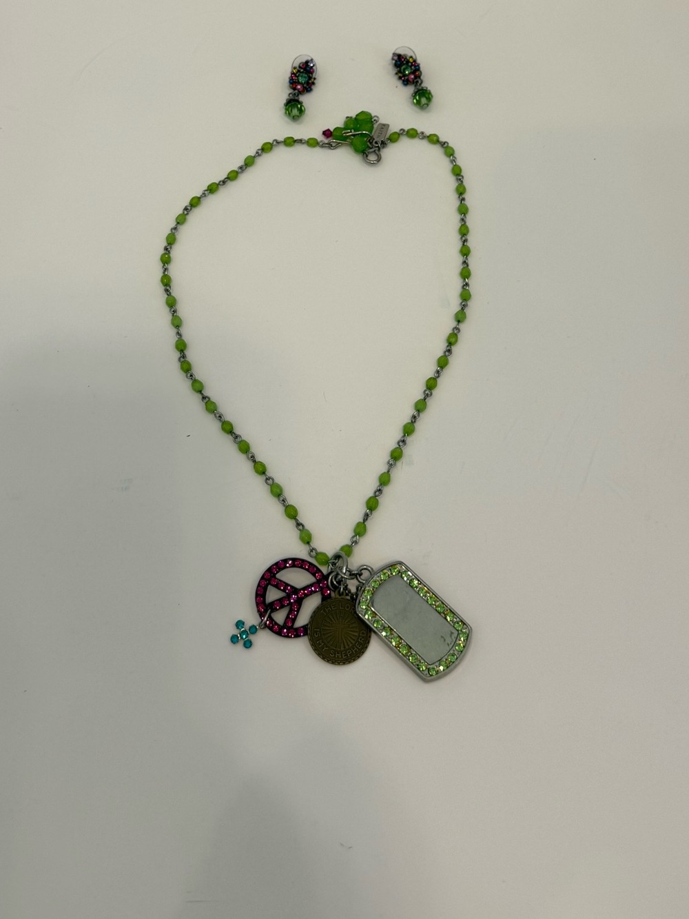 Y2K Vintage FAITH Peace Love DogTag Beaded Charm Necklace & Earring Set Boho